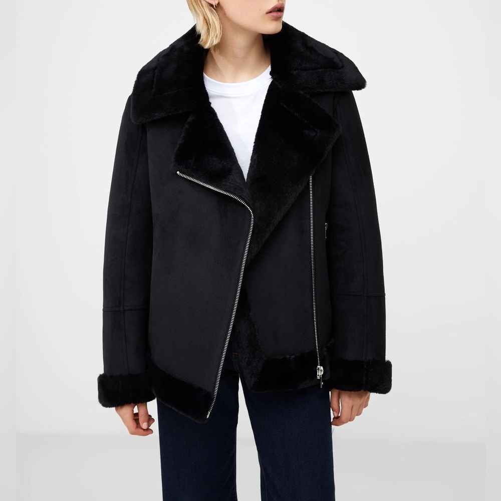 LOFT Black Moto Teddy Jacket with Faux Suede & Fur